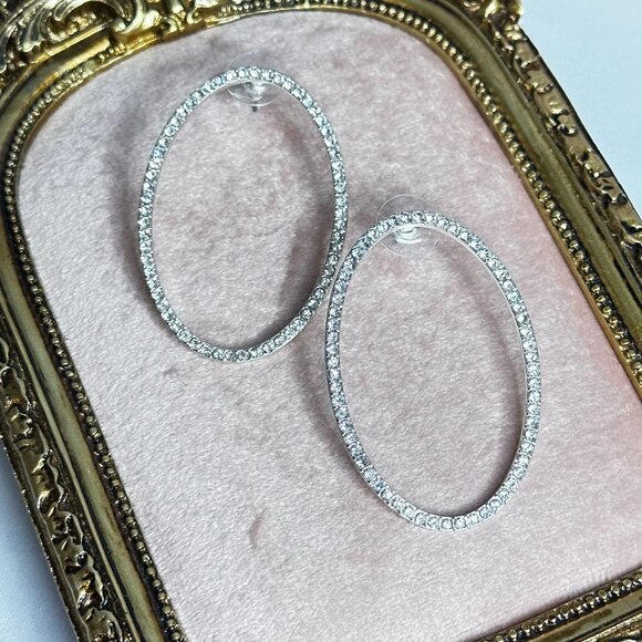 Large Oval Rhinestone Hoop Earrings By Park Lane Jewelry Silver-tone Oversized - Picture 2 of 6